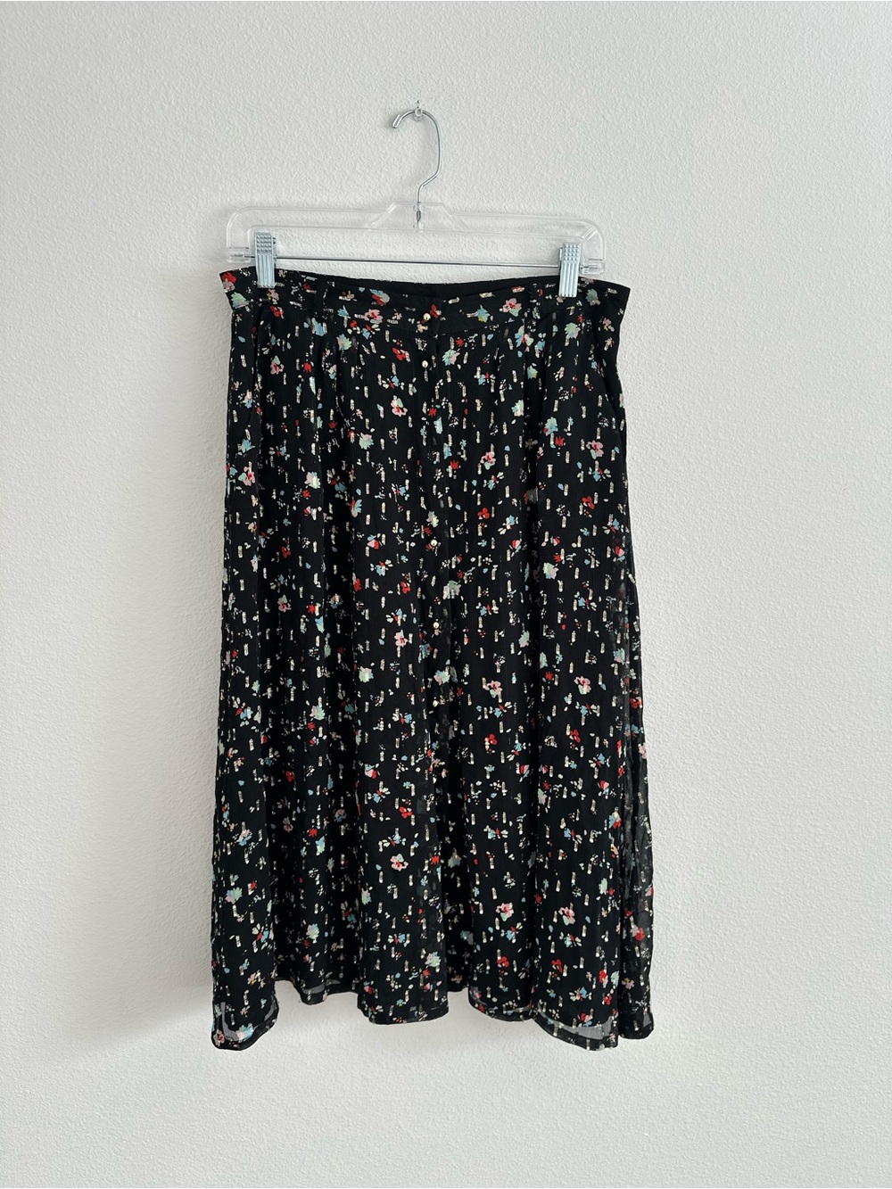 NWT Sezane Silk Midi Black Floral Skirt Size US Size 10 Button Front
